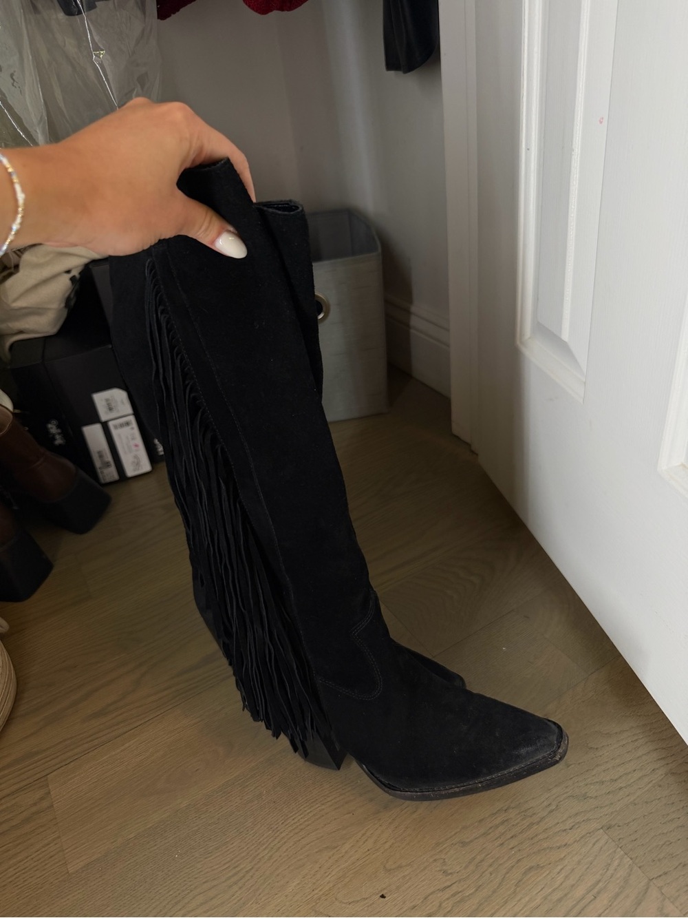 Black Vince Camuto Fringe Suede Knee-High Women's Boots